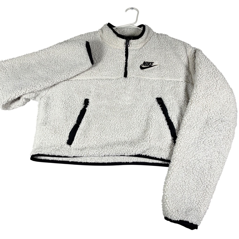 Nike Sportswear Sherpa Fleece Quarter Zip Pullover Sail Black Cropped Womens S
